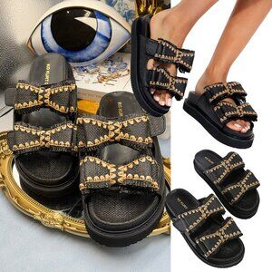 🆕 KG KURT GEIGER 🧿 NWOB Robbie Bow-Embellished Black Raffia Sandals - Sz US 10